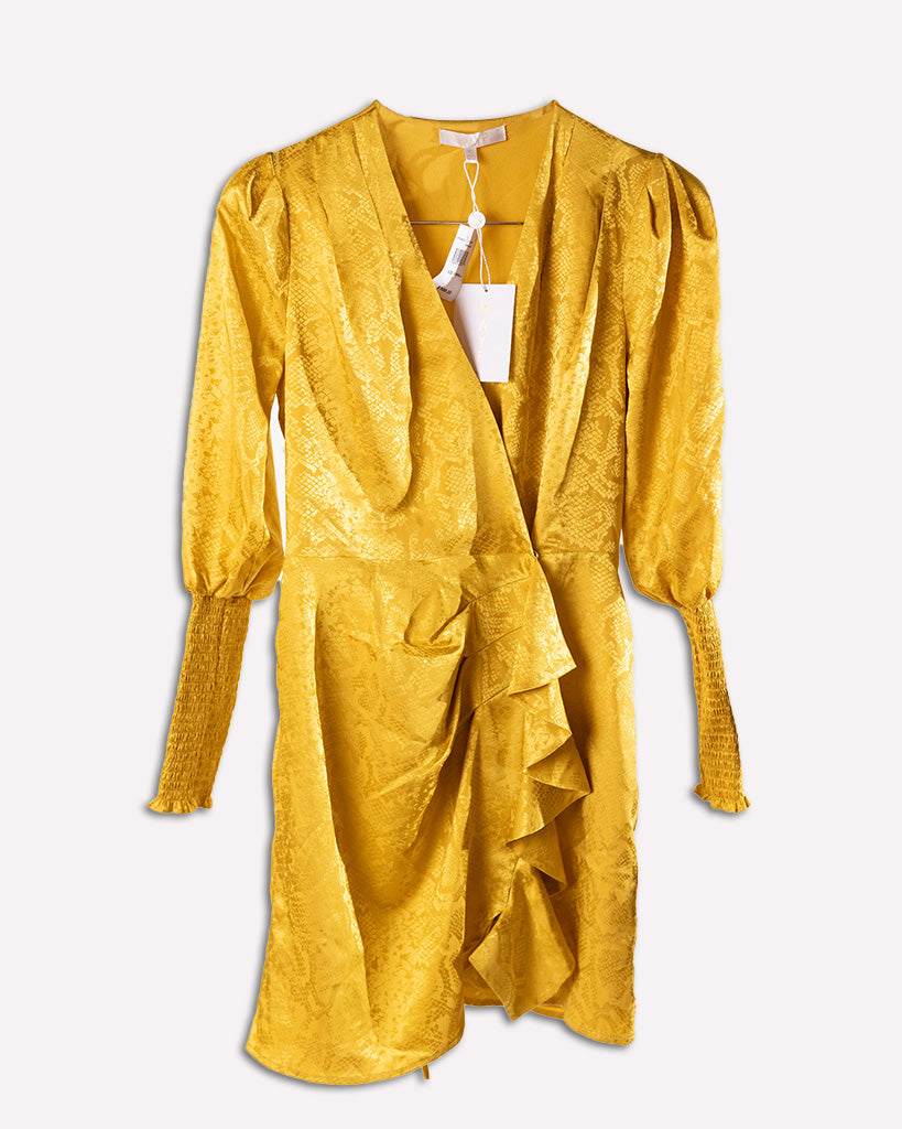 Wayf Women's Mustard Yellow Velvet Wrap Fall Trend Dress sz S hotsell