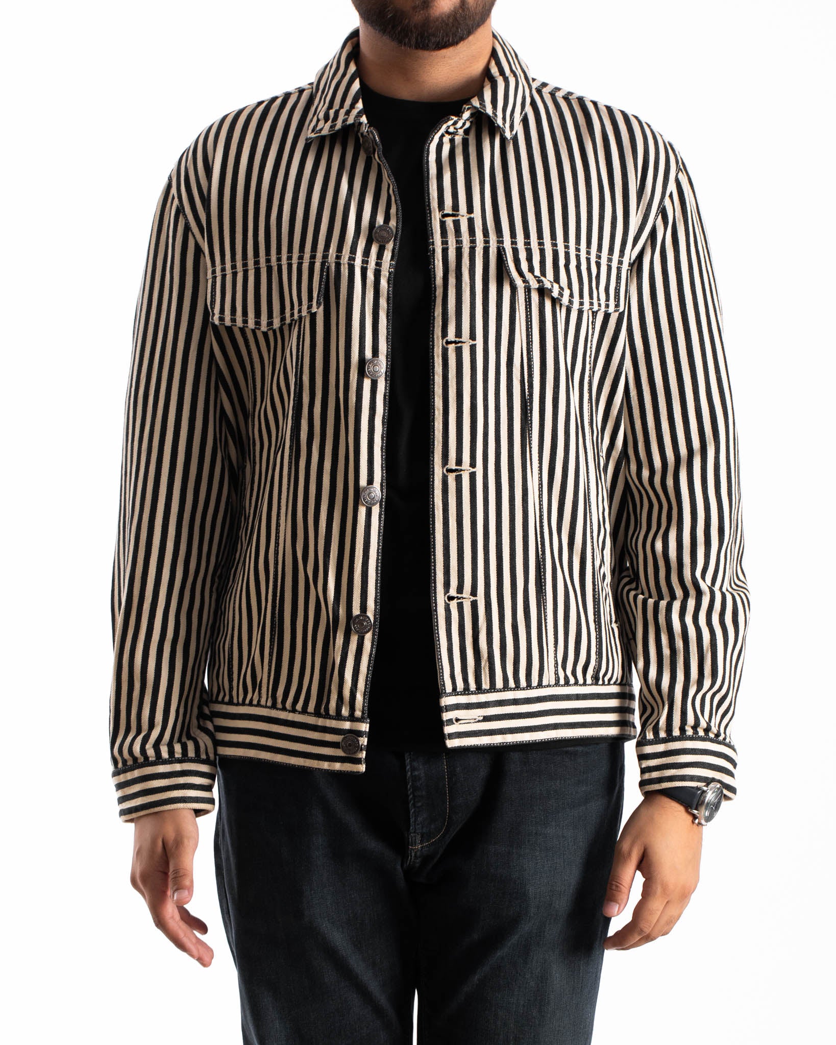 Fashion black and white striped jean jacket