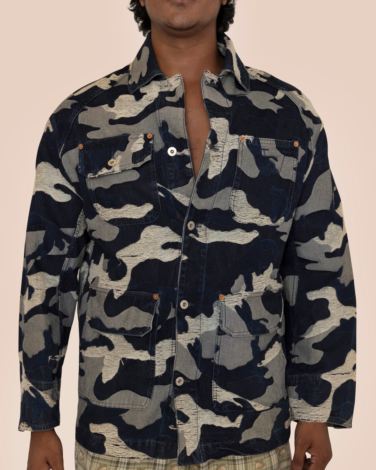 VALENTIONO DISTRESSED CAMOUFLAGE JACQUARD DENIM OVERSHIRT