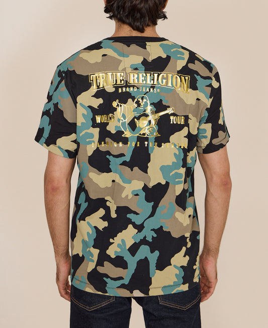 TRUE RELIGION YOUTH GOLD FOIL BUDDHA LOGO CAMO T-SHIRT