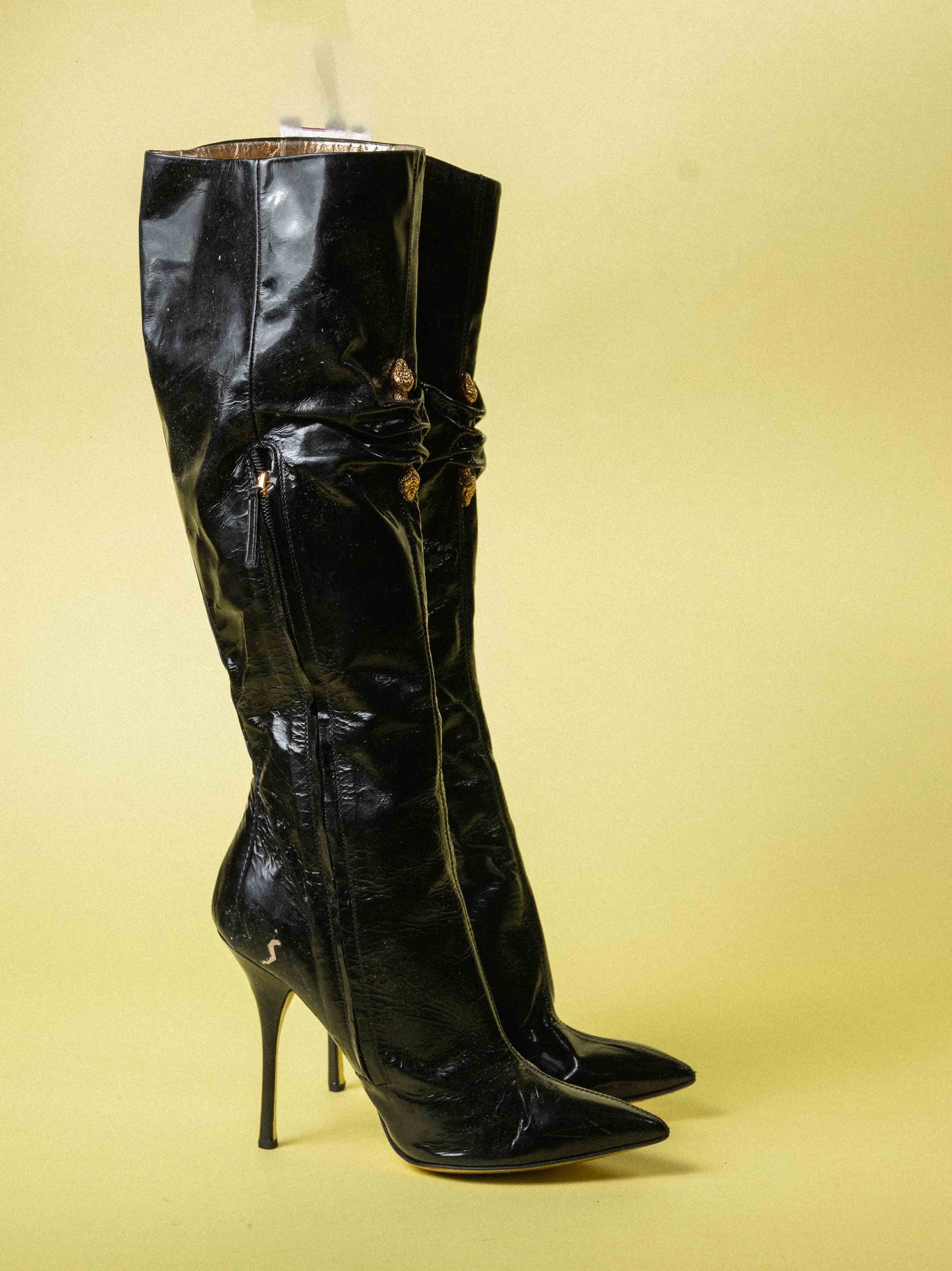 Roberto Cavalli Black Leather Pointed Toe Knee Length Boots