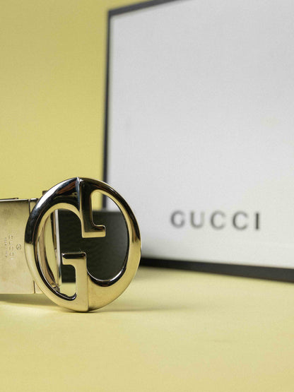 Gucci Black Leather Interlocking G Reversible Buckle Belt