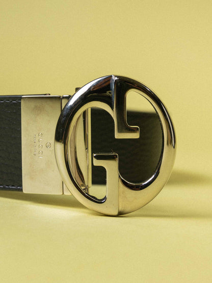 Gucci Black Leather Interlocking G Reversible Buckle Belt