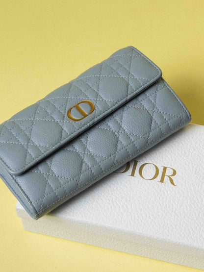 Dior Caro Orchid Long Wallet Cloud Blue Supple Cannage Calfskin