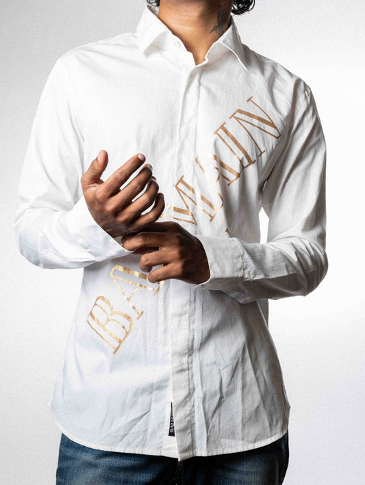 Balmain Logo Button Up Long Sleeve Shirt - white & Golden