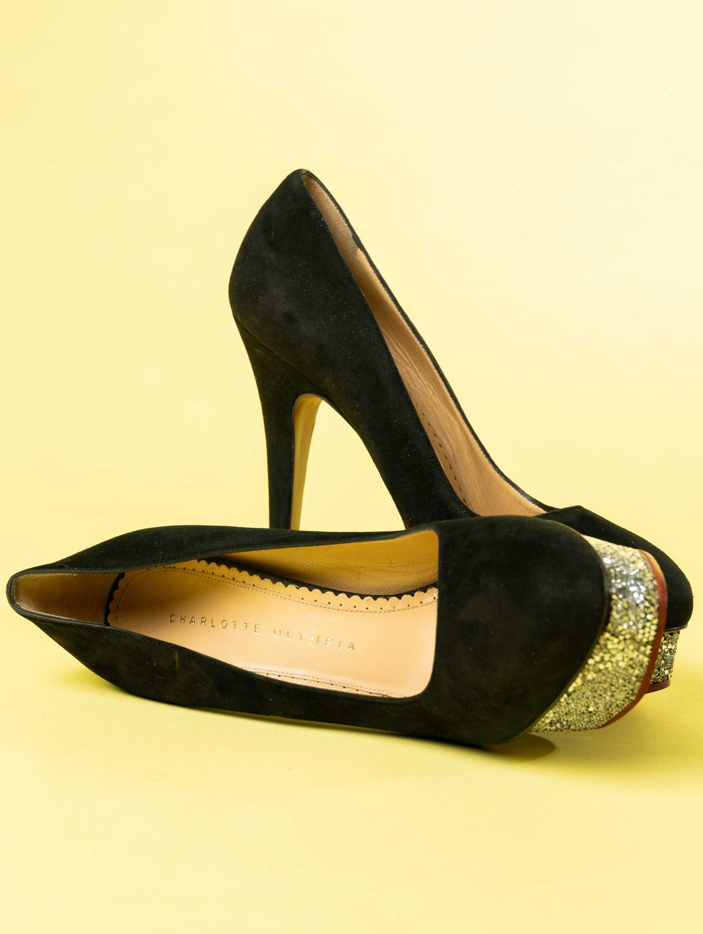 CHARLOTTE OLYMPIA Black Suede Sequins Pumps