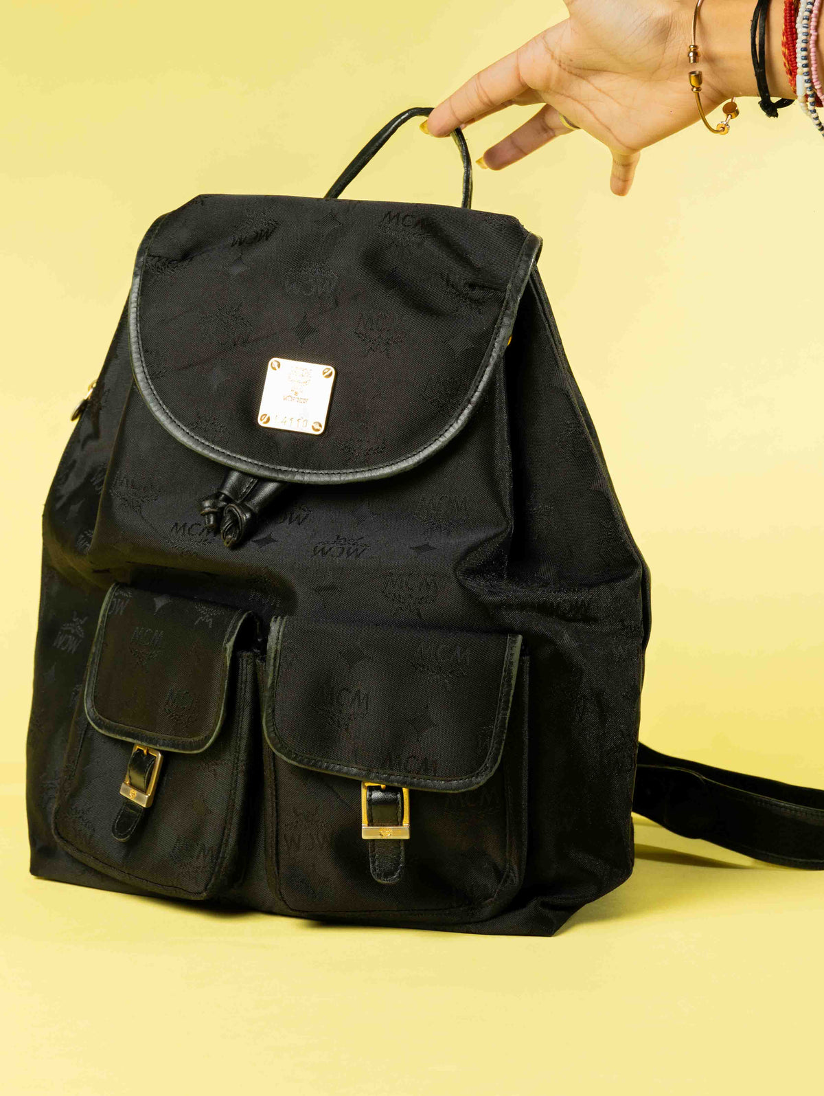 MCM Black Nylon and Leather Drawstring Backpack (One Size  display picture 1