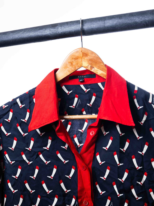 GUCCI VINTAGE NAVY SILK RIDING BOOT PRINT SHIRT