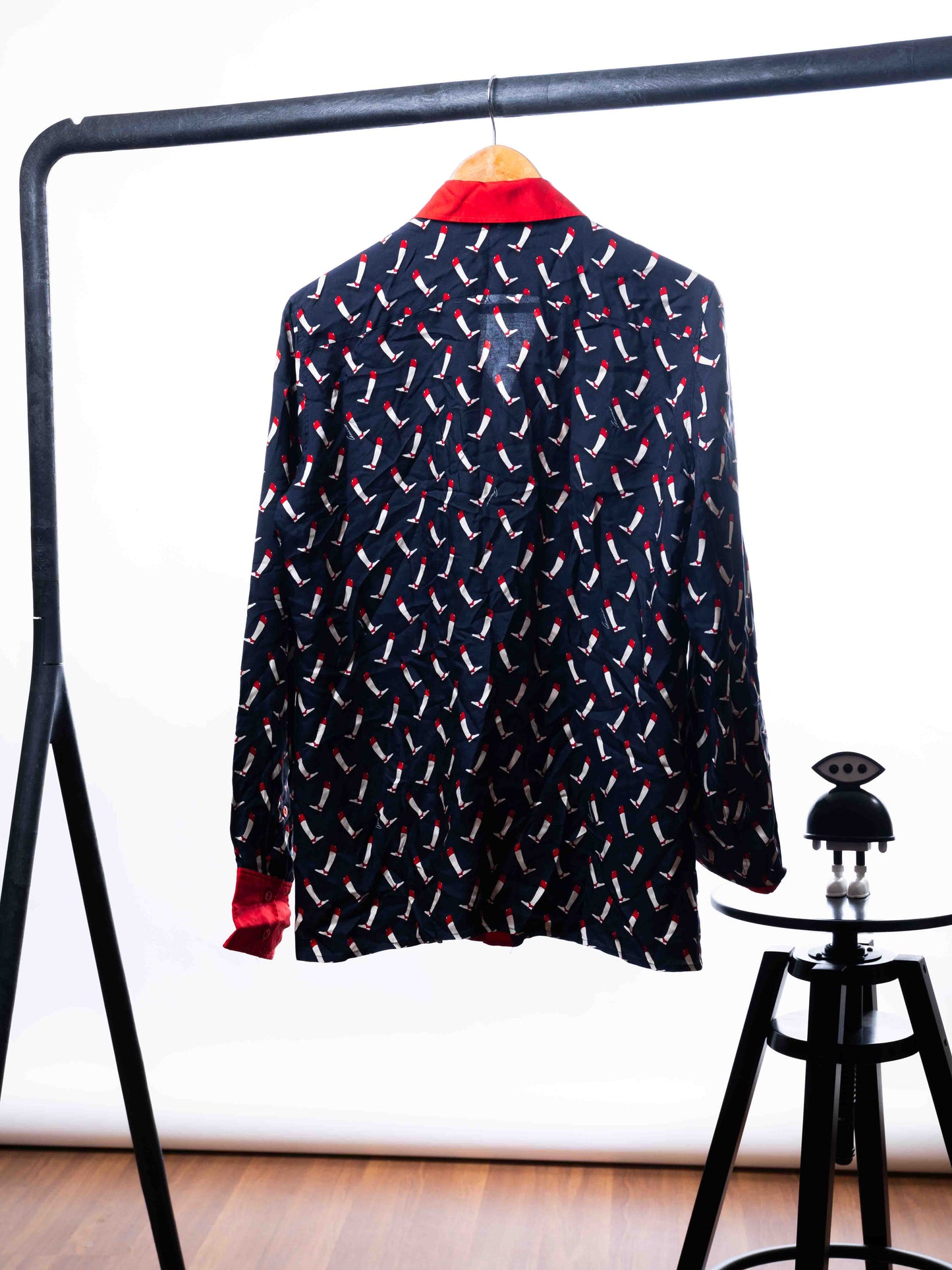 GUCCI VINTAGE NAVY SILK RIDING BOOT PRINT SHIRT