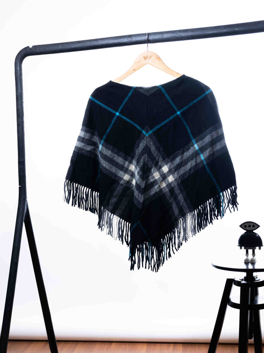 BURBERRY NOVA CHECK MERINO WOOL CASHMERE FRINGE PONCHO LAYER CAPE WINTER FALL