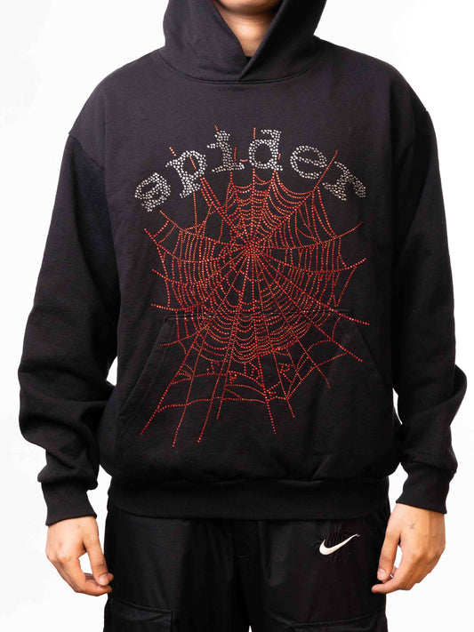 SP5DER OG RHINESTONE LOGO HOODIE - BLACK