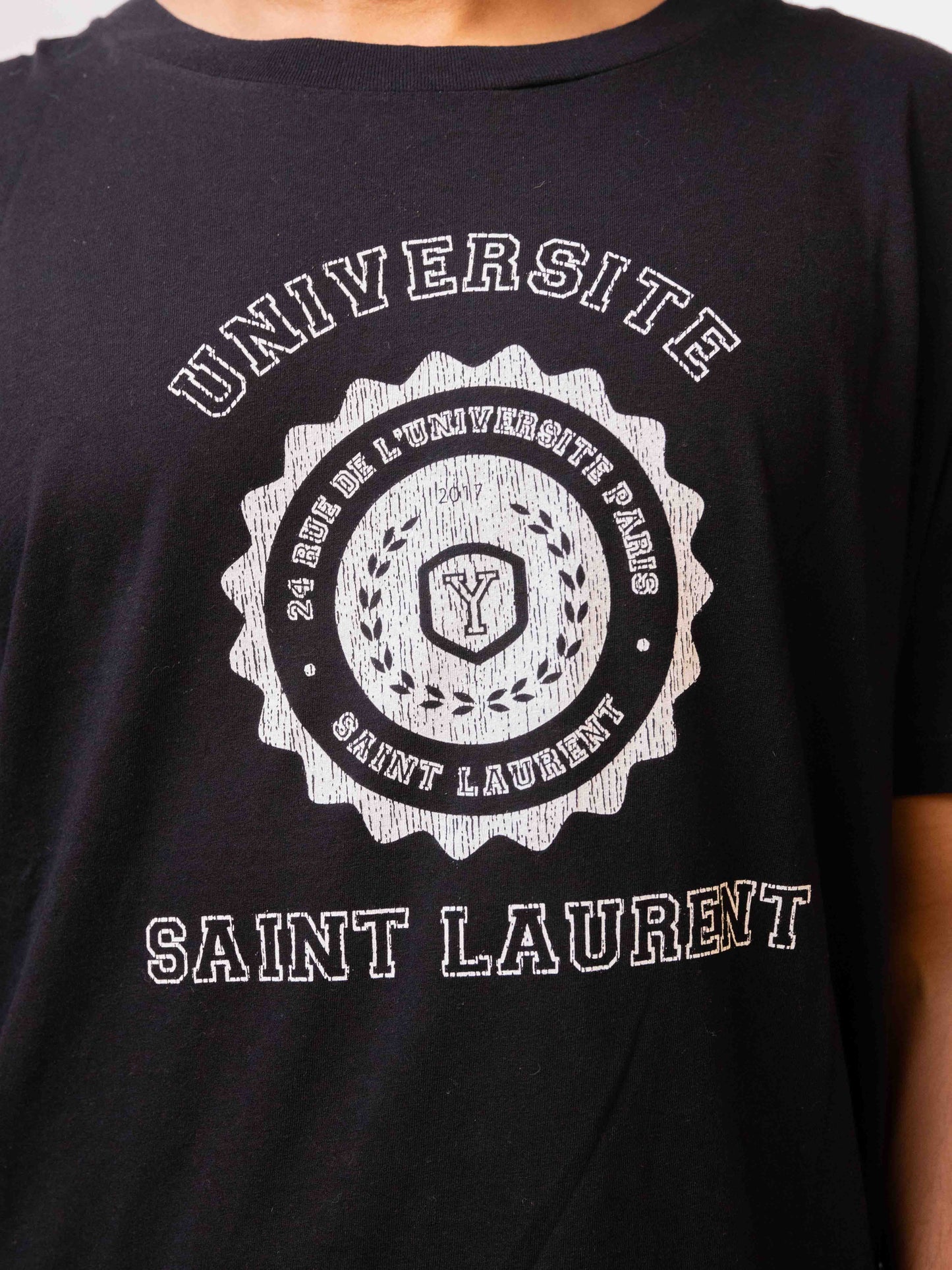 SAINT LAURENT PARIS BLACK UNIVERSITY PRINT COTTON T-SHIRT