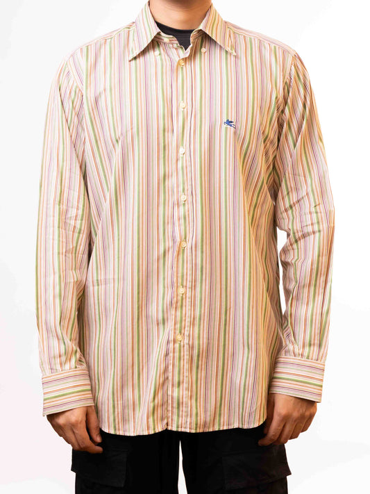 ETRO MILANO MEN'S GREEN VERTICAL STRIPED LOGO SHIRT