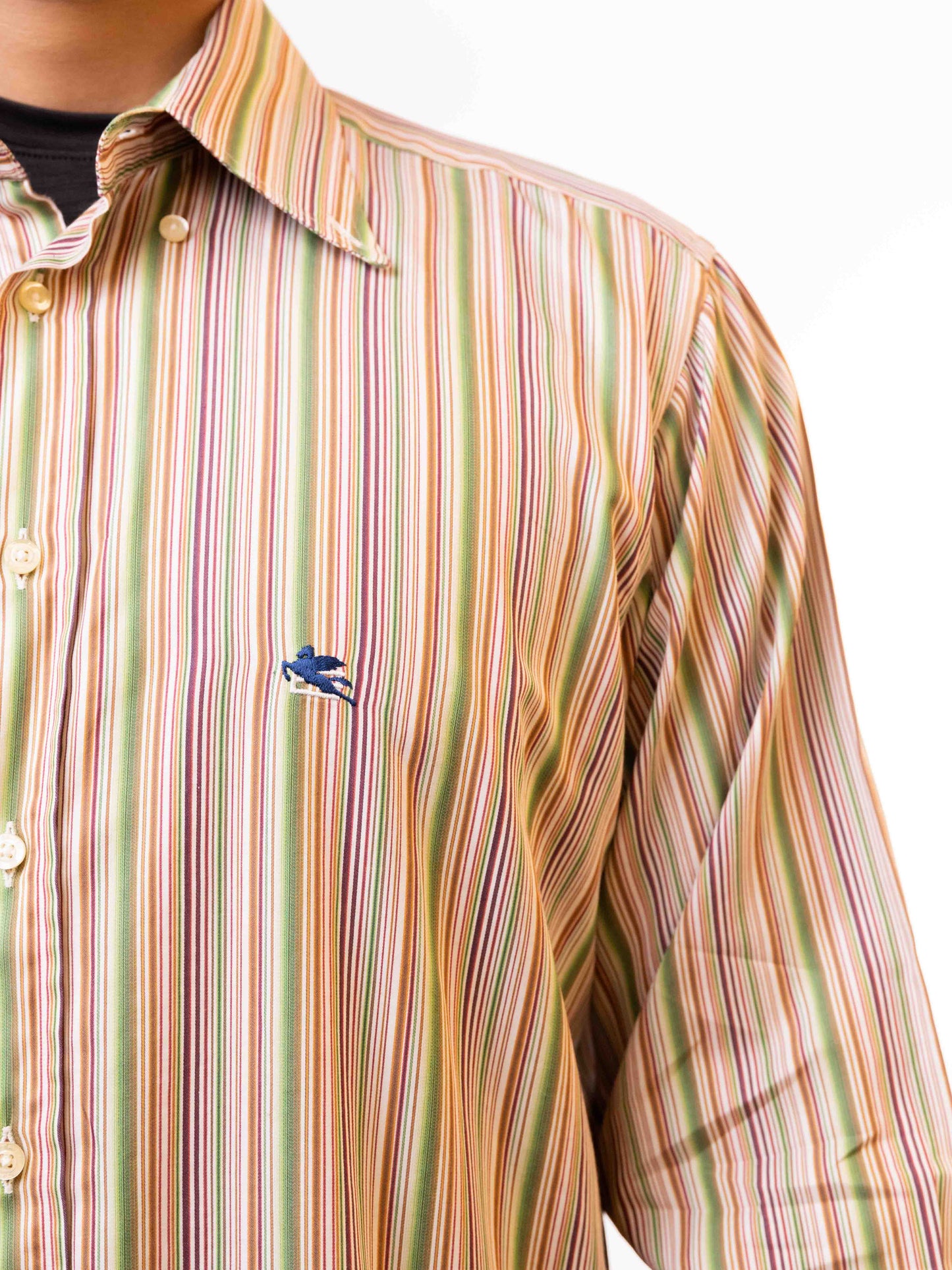 ETRO MILANO MEN'S GREEN VERTICAL STRIPED LOGO SHIRT