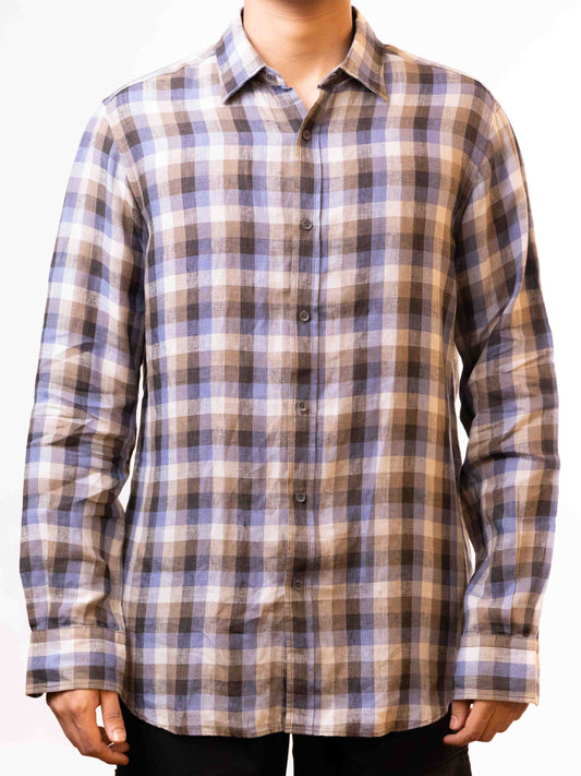 Massimo Dutti Slim Fit Brown Purple Cotton Check Shirt