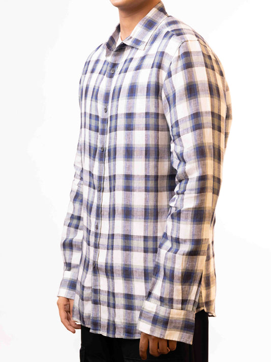 MASSIMO DUTTI SLIM FIT NAVY BLUE WHITE COTTON CHECK SHIRT