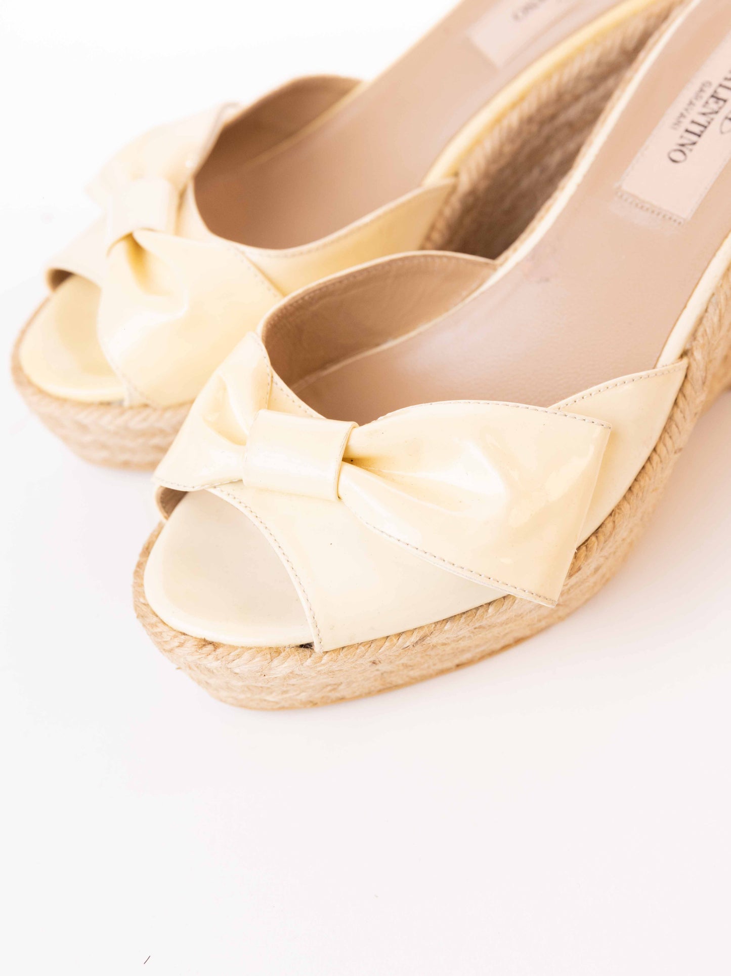 VALENTINO IVORY PATENT LEATHER WEDGE SANDALS