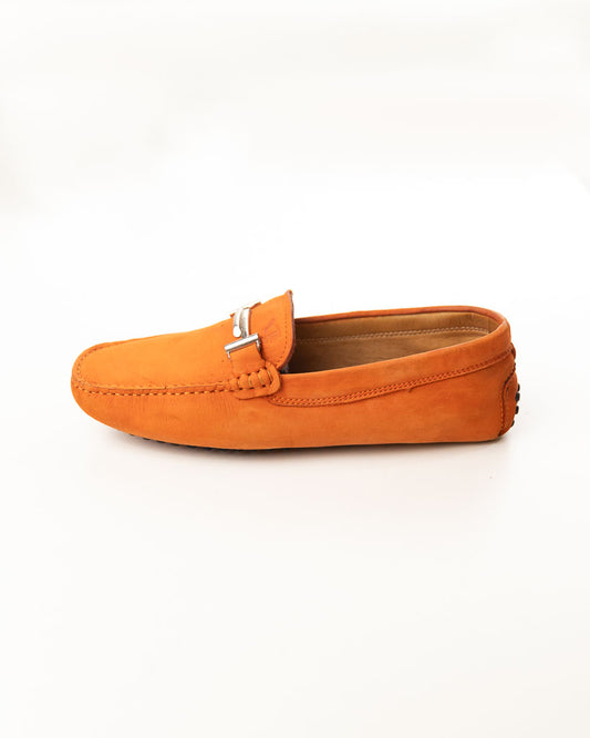 Tod'S Orange Suede Leather Double T Slip On Loafers