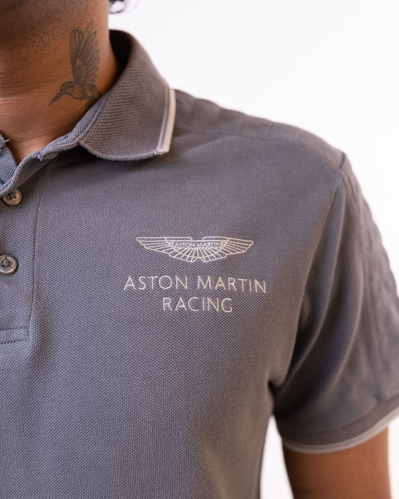 HACKETT ASTON MEN'S MARTIN RACING POLO T-SHIRT SHOULDER/ARM PANEL DETAIL COLLAR SLIM FIT -GREY