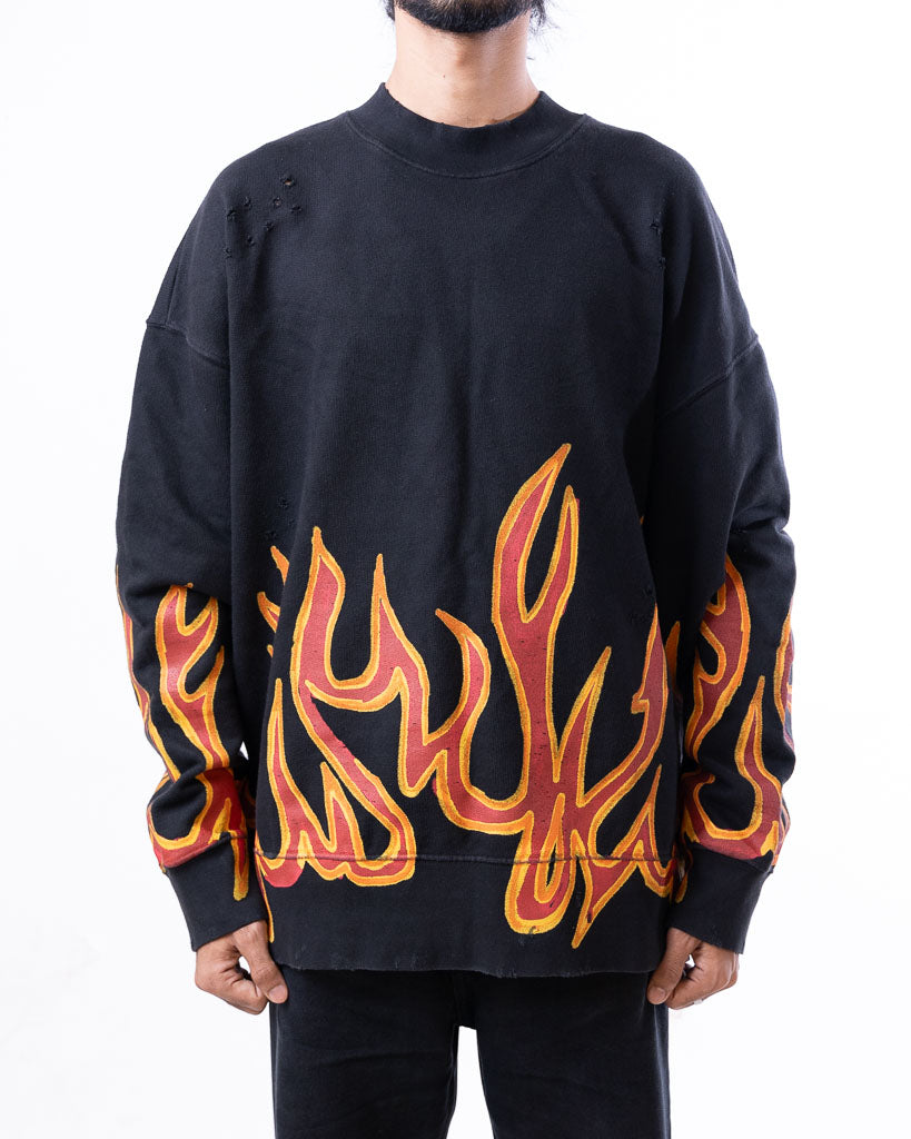 PALM ANGELS GARMENT DYE GRAFFITI FLAMES SWEATSHIRT BLACK/RED WITH TAGS