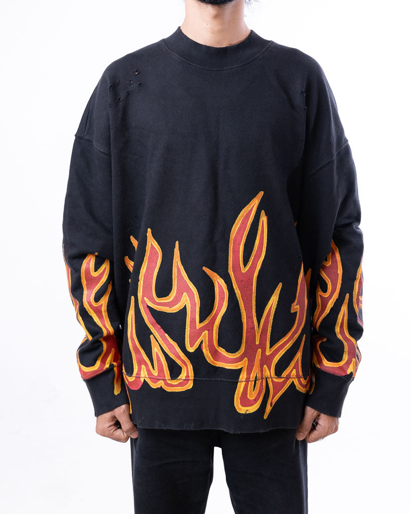 PALM ANGELS GARMENT DYE GRAFFITI FLAMES SWEATSHIRT BLACK/RED WITH TAGS