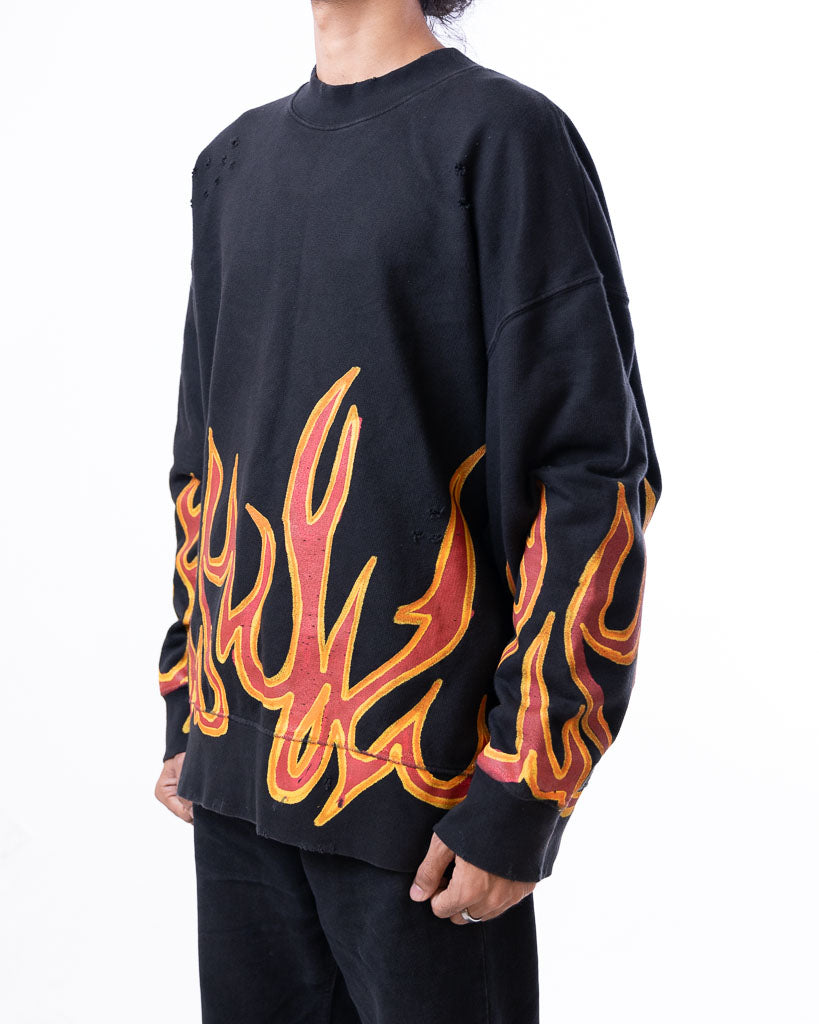 PALM ANGELS GARMENT DYE GRAFFITI FLAMES SWEATSHIRT BLACK/RED WITH TAGS