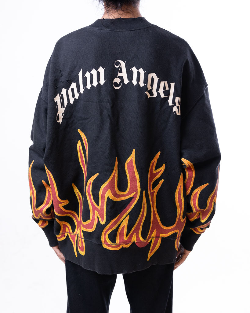 PALM ANGELS GARMENT DYE GRAFFITI FLAMES SWEATSHIRT BLACK/RED WITH TAGS