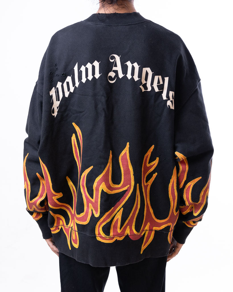 PALM ANGELS GARMENT DYE GRAFFITI FLAMES SWEATSHIRT BLACK/RED WITH TAGS