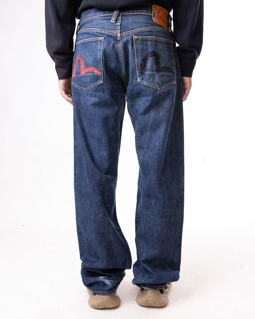 VINTAGE EVISU BLACK / RED SEAGULL SELVEDGE DENIM DARK BLUE