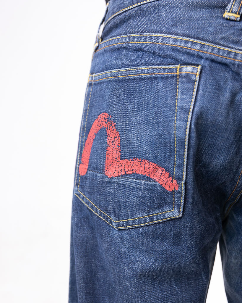 VINTAGE EVISU BLACK / RED SEAGULL SELVEDGE DENIM DARK BLUE