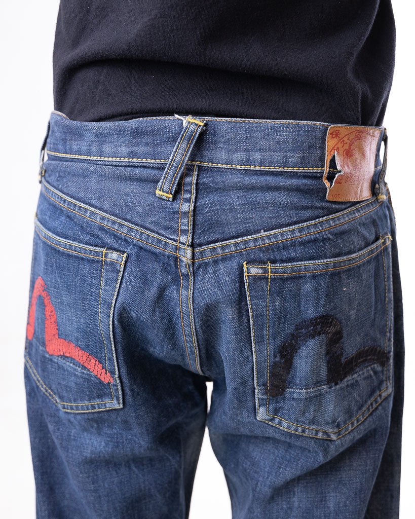 VINTAGE EVISU BLACK / RED SEAGULL SELVEDGE DENIM DARK BLUE