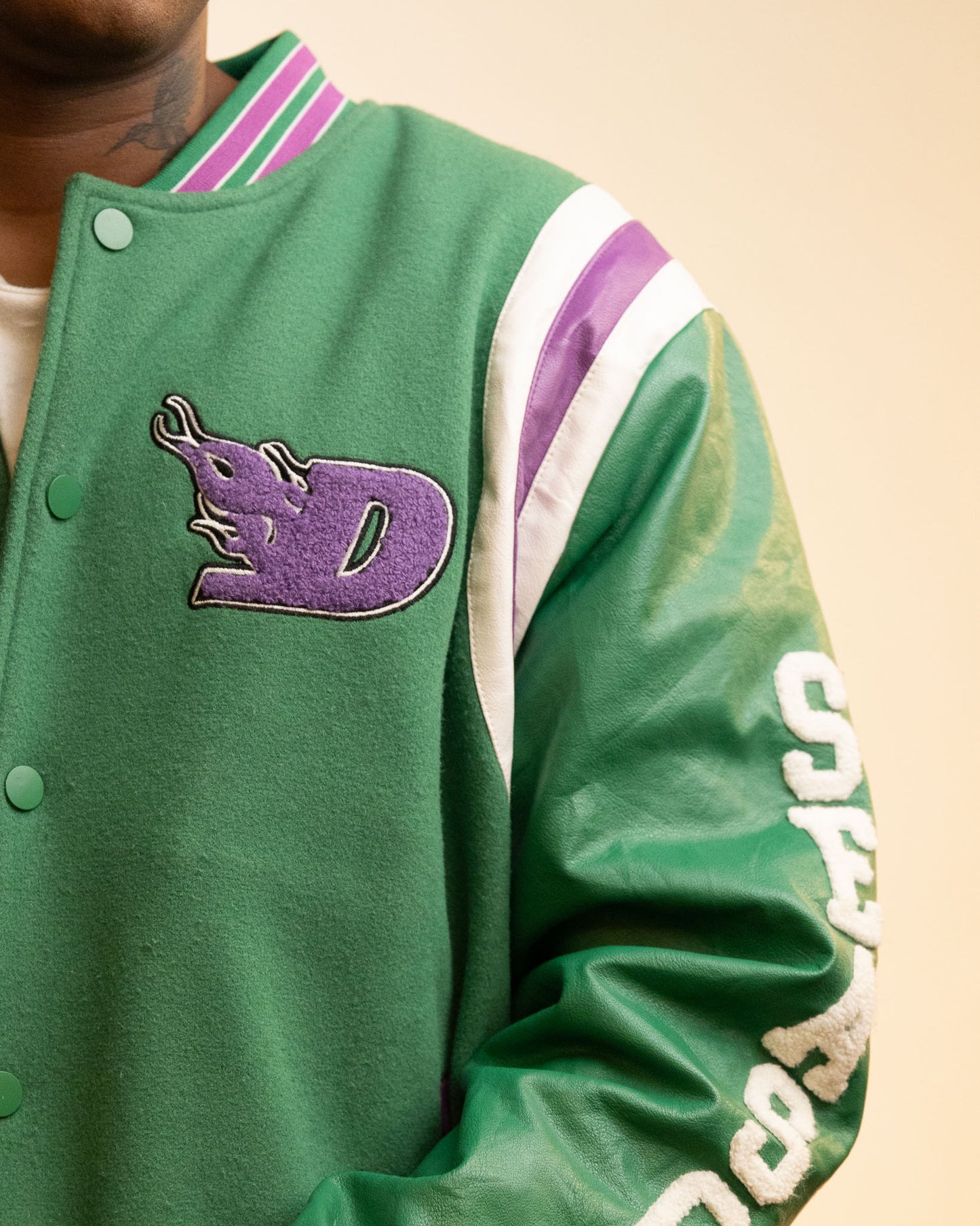 Boohoo Man x Da Baby - Letterman Varsity Jacket in Green Purple