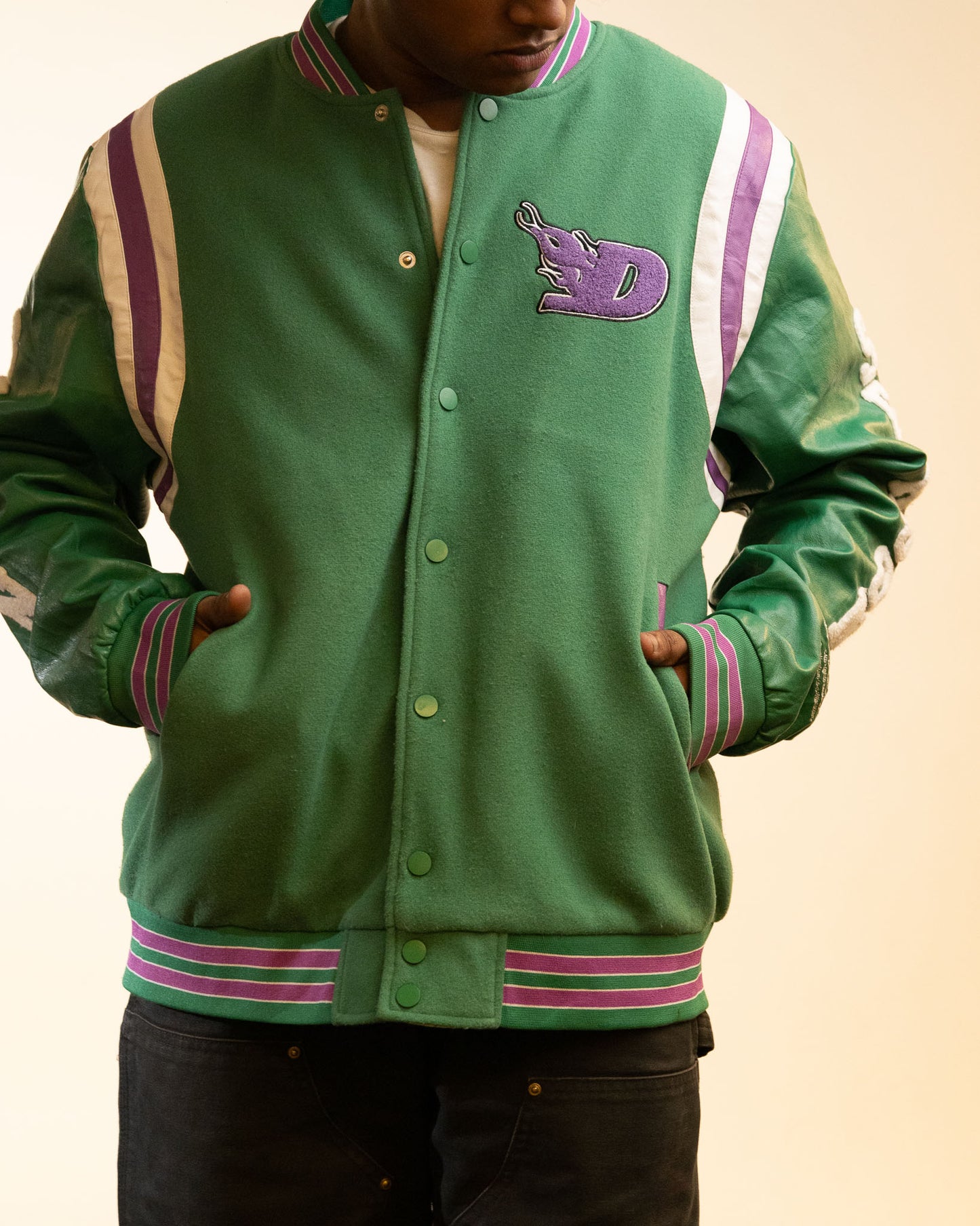 Boohoo Man x Da Baby - Letterman Varsity Jacket in Green Purple