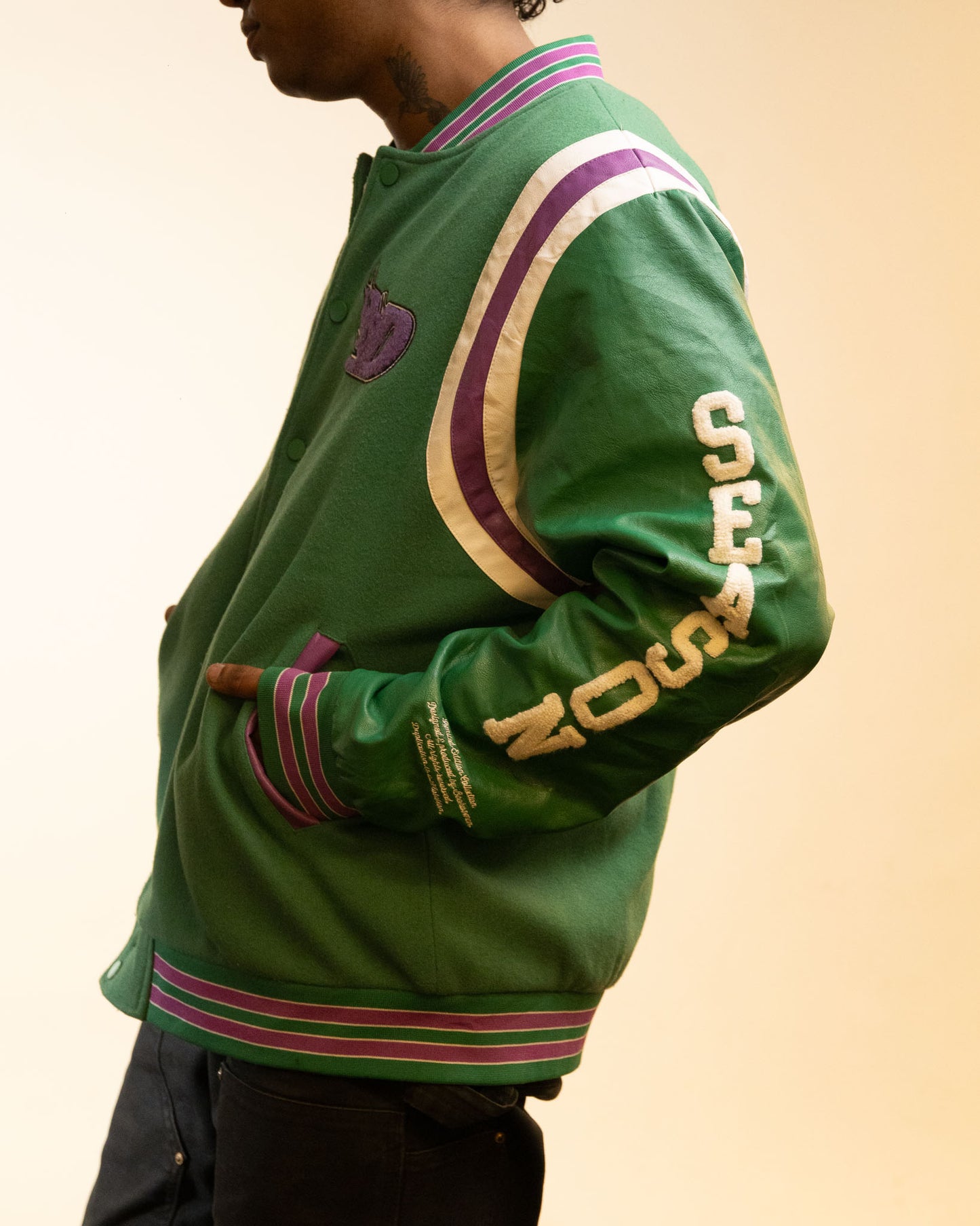 Boohoo Man x Da Baby - Letterman Varsity Jacket in Green Purple