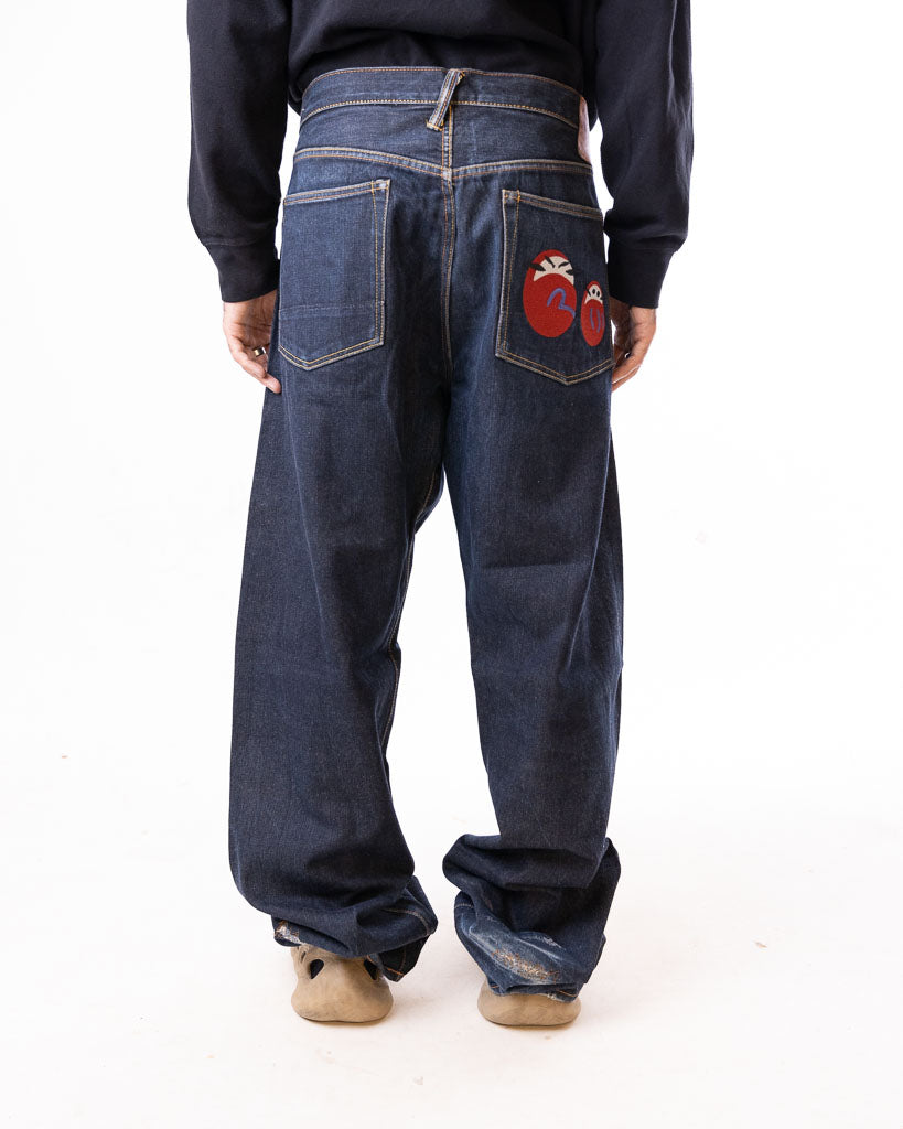 EVISU HERITAGE RAW SELVEDGED DENIM WITH EMBOLDENED DESIGN ON BACK