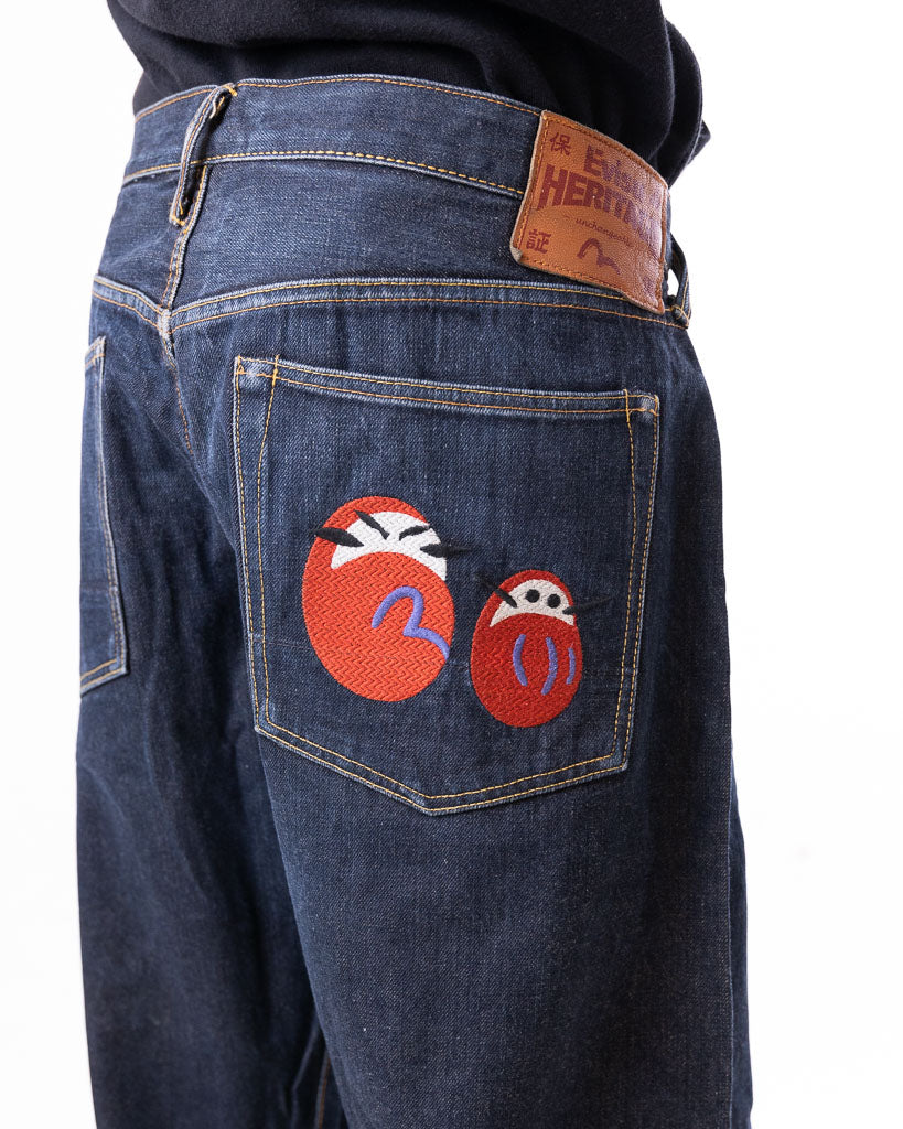 EVISU HERITAGE RAW SELVEDGED DENIM WITH EMBOLDENED DESIGN ON BACK