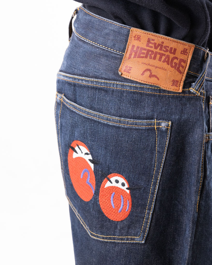 EVISU HERITAGE RAW SELVEDGED DENIM WITH EMBOLDENED DESIGN ON BACK