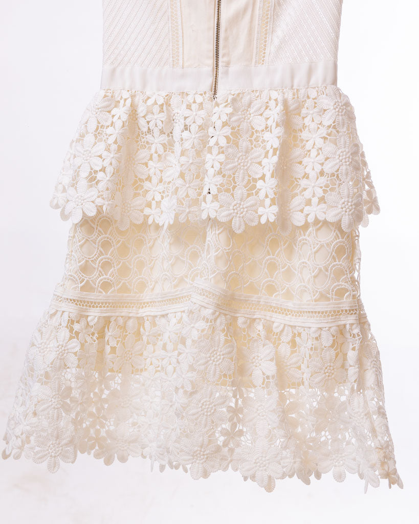 SELF-PORTRAIT WHITE FLORAL GUIPURE LACE OFF-SHOULDER MINI DRESS