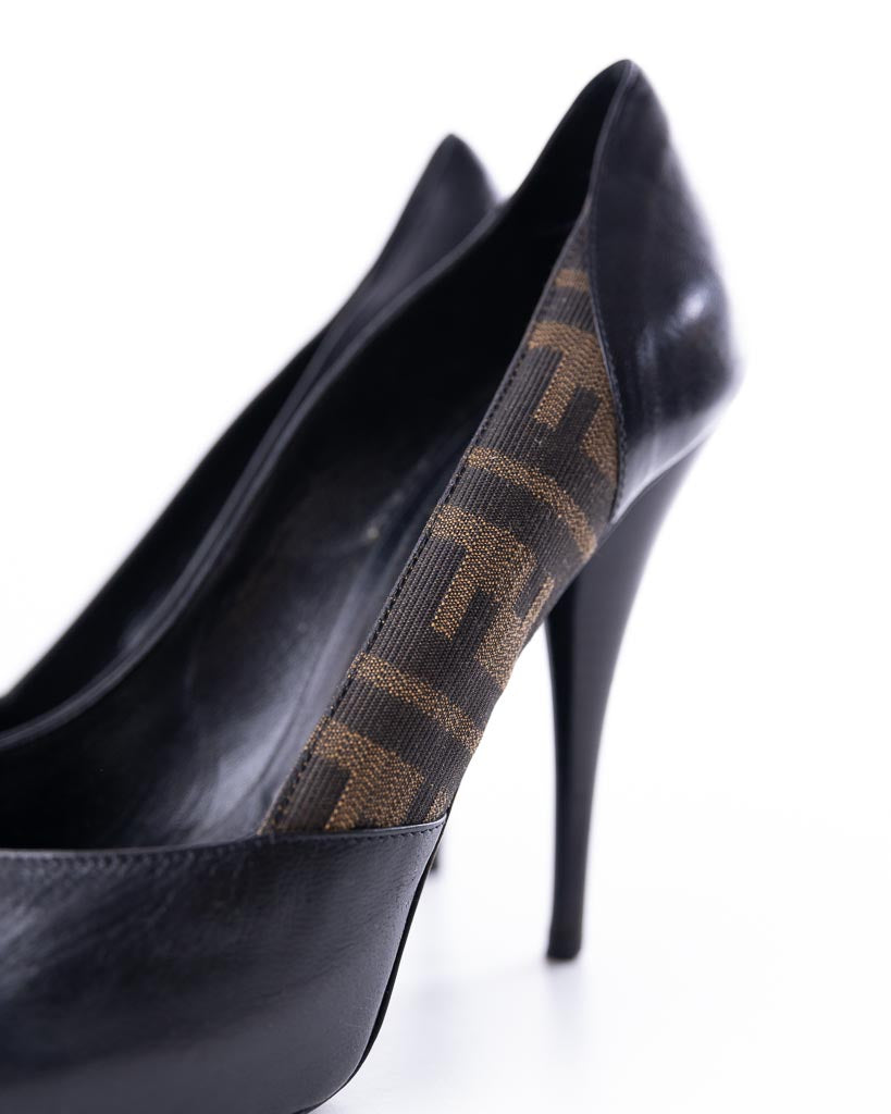 Fendi Brown Zucca Canvas And Black Leather Peep Toe Platform Pumps