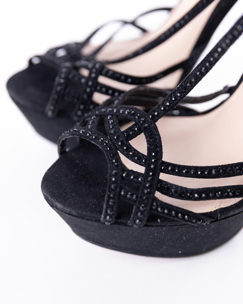 Primadonna Black T-Strap Sandals With Rhinestones