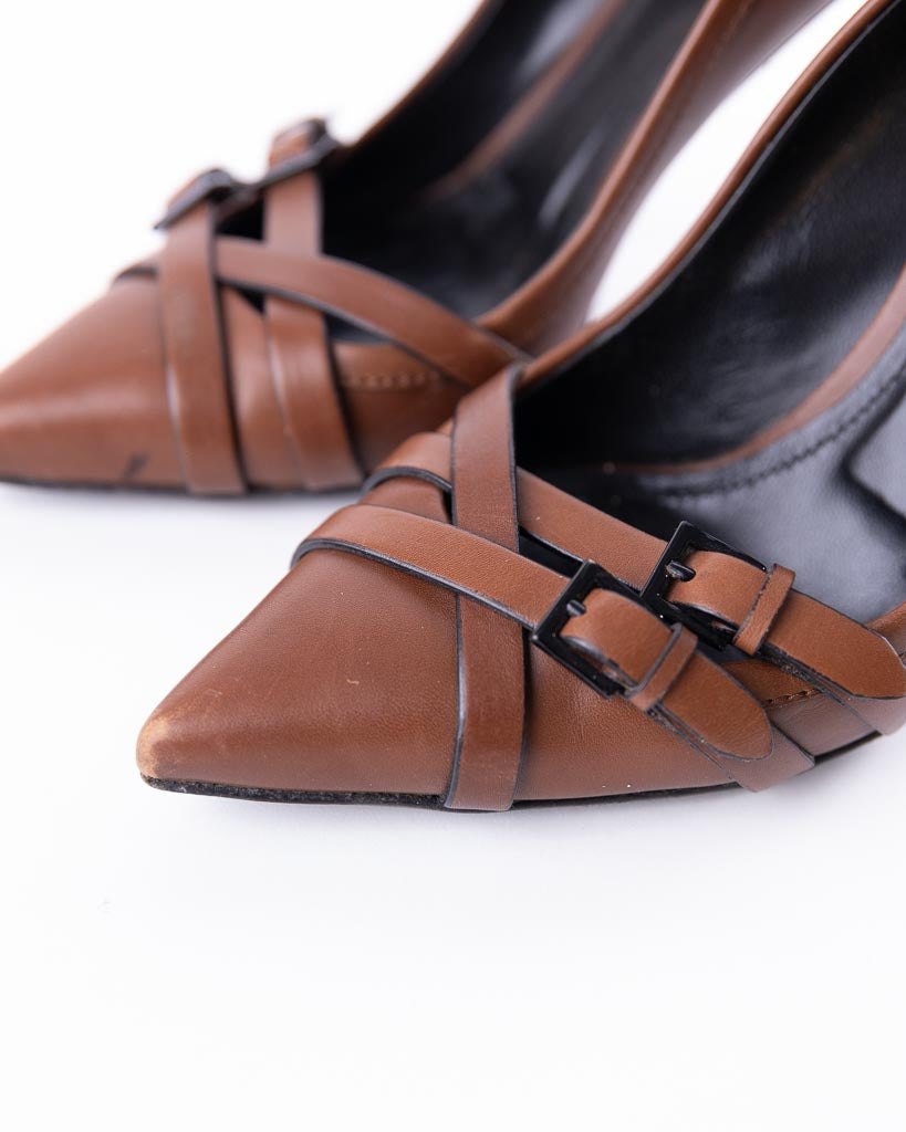 Burberry Brown Leather And Nova Check Canvas Pointed Toe Pumps