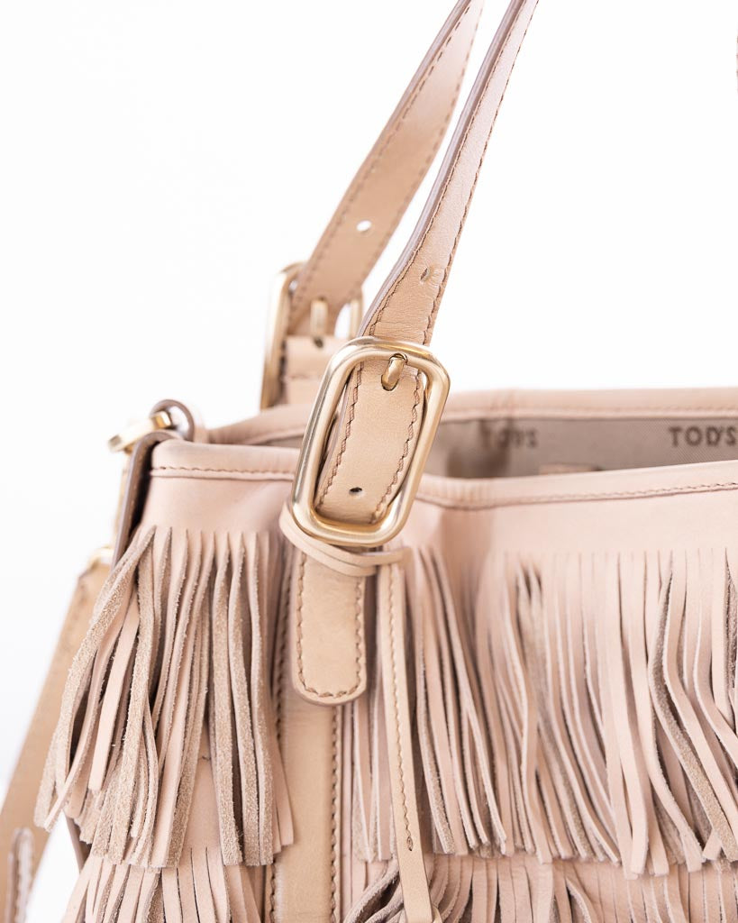 Tod'S Beige Suede And Leather G-Line Frange Media Tote