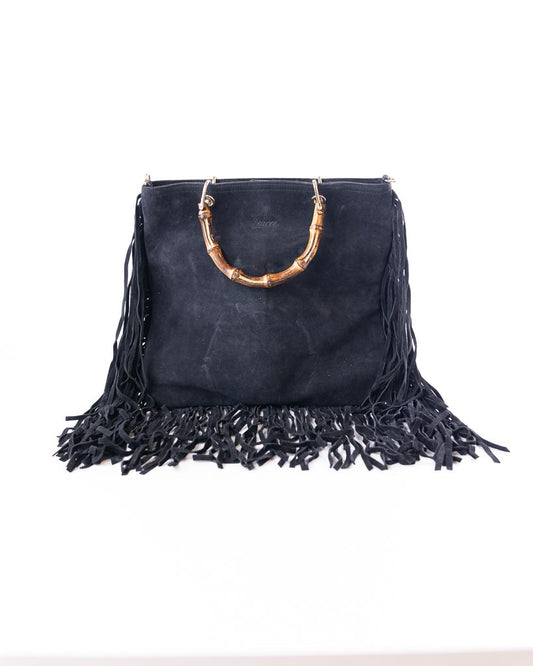 Gucci Bamboo Suede Leather Fringe Bag Black