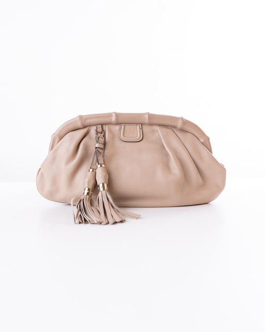 Gucci Beige Leather Bamboo Frame Tassel Clutch