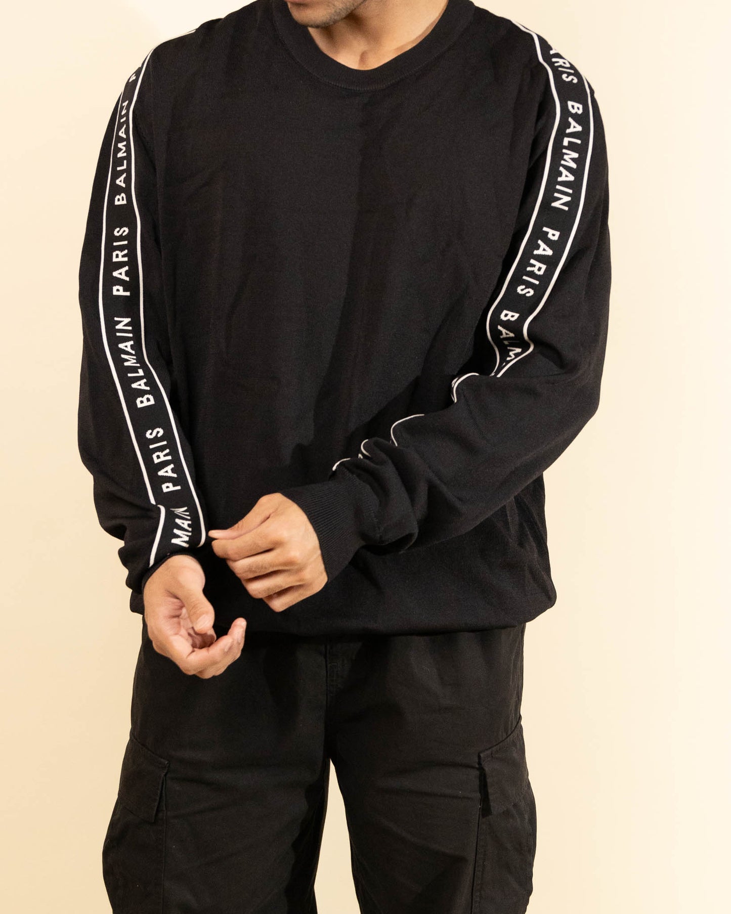 Balmain Paris Band Tape Shoulder Black Sweater