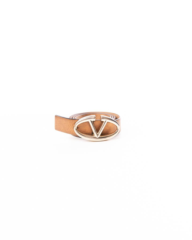 Valentino Tan/Black Leather V Logo Reversible Buckle Belt