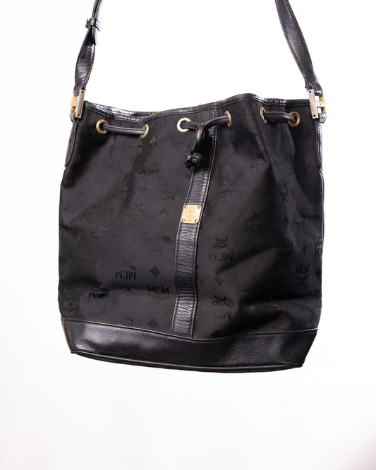 Mcm Black Canvas And Leather Drawstring Bucket Bag