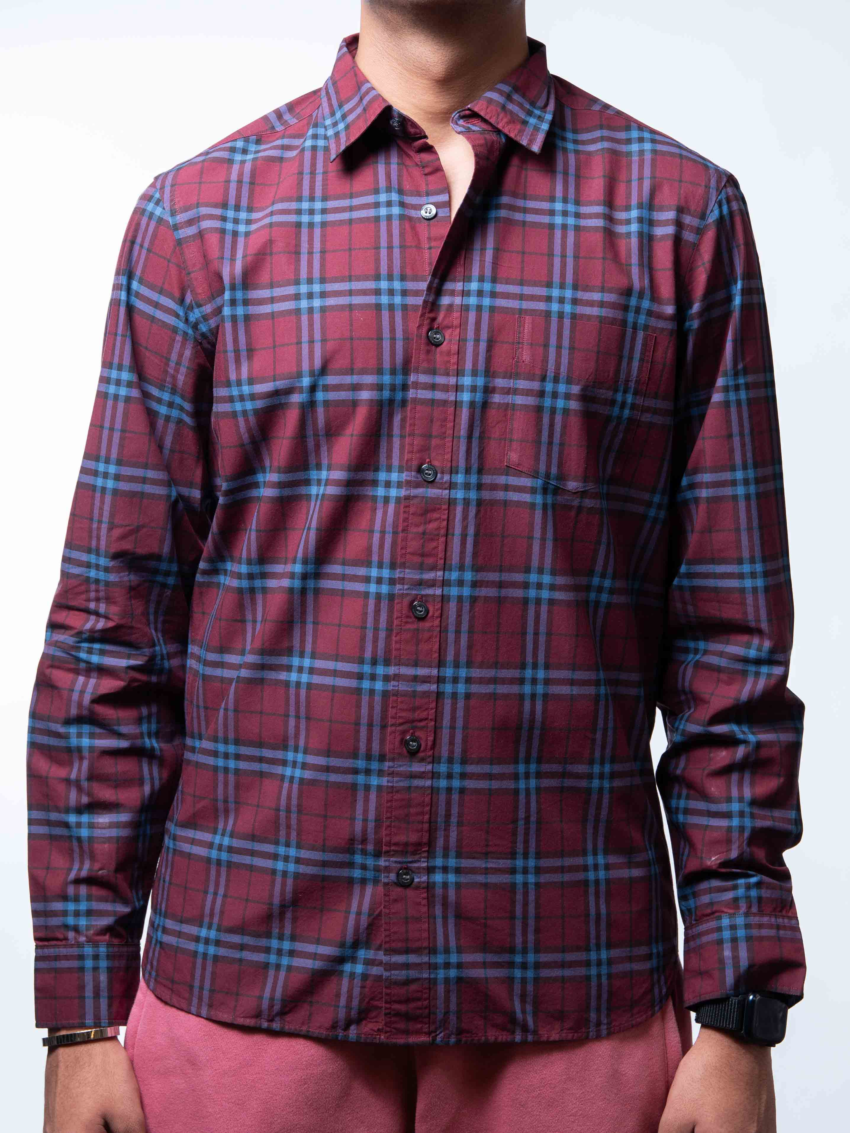 Burberry Alexander Men s Crimson Red Blue Checked Shirt