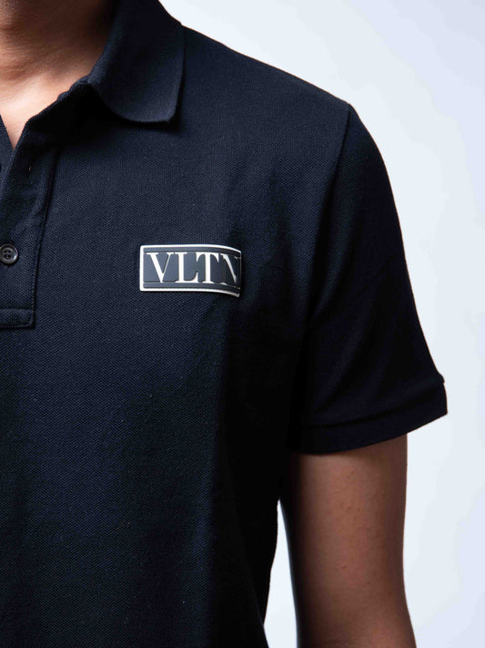 Valentino Black Cotton Pique Rubber Logo Polo T-Shirt