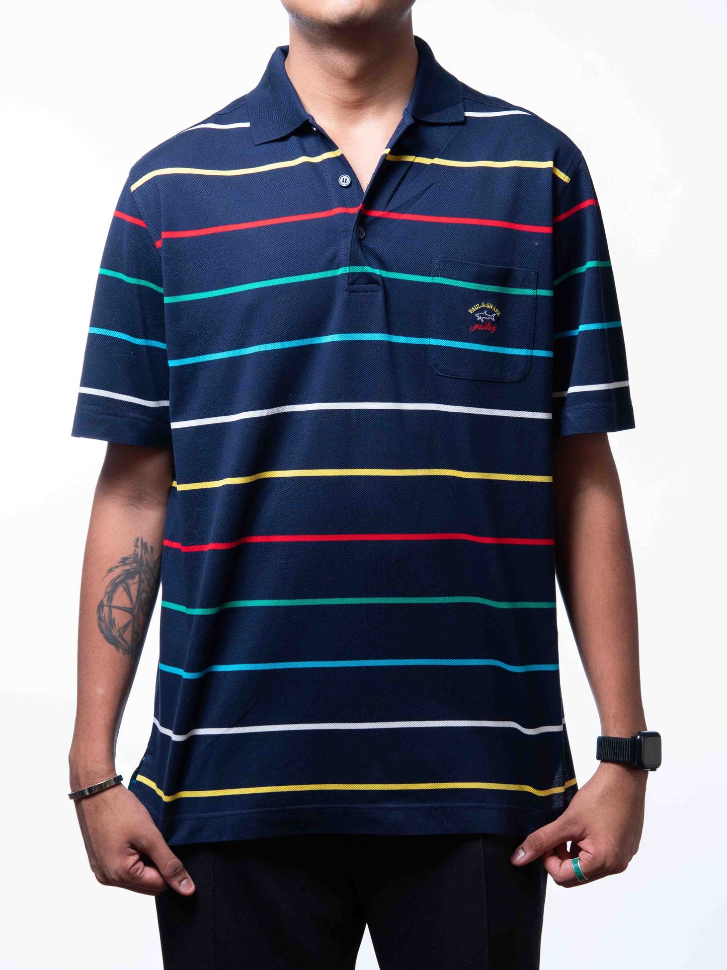 Paul & Shark Yachting Men Polo Shirt Navy Cotton Striped Pocket